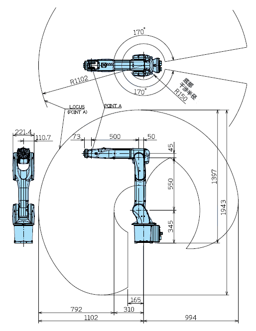 MZ03EL 外形尺寸及动作范围